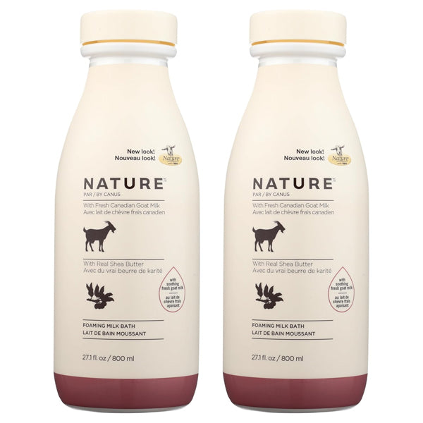 Two bottles of Canus Nature Foaming Milk Bath with Canadian goat milk and shea butter, 27.1oz each, side by side on a white background—ideal for luxurious skincare.